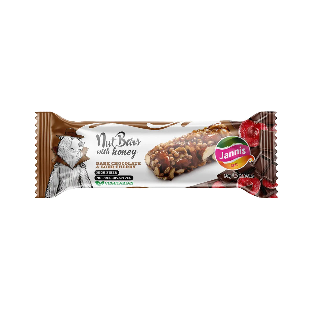 Jannis Nut Bars with Honey  0% No Sugar Added Dark Chocolate &amp; Sour Cherry 30g – Prime Health Shop Malta