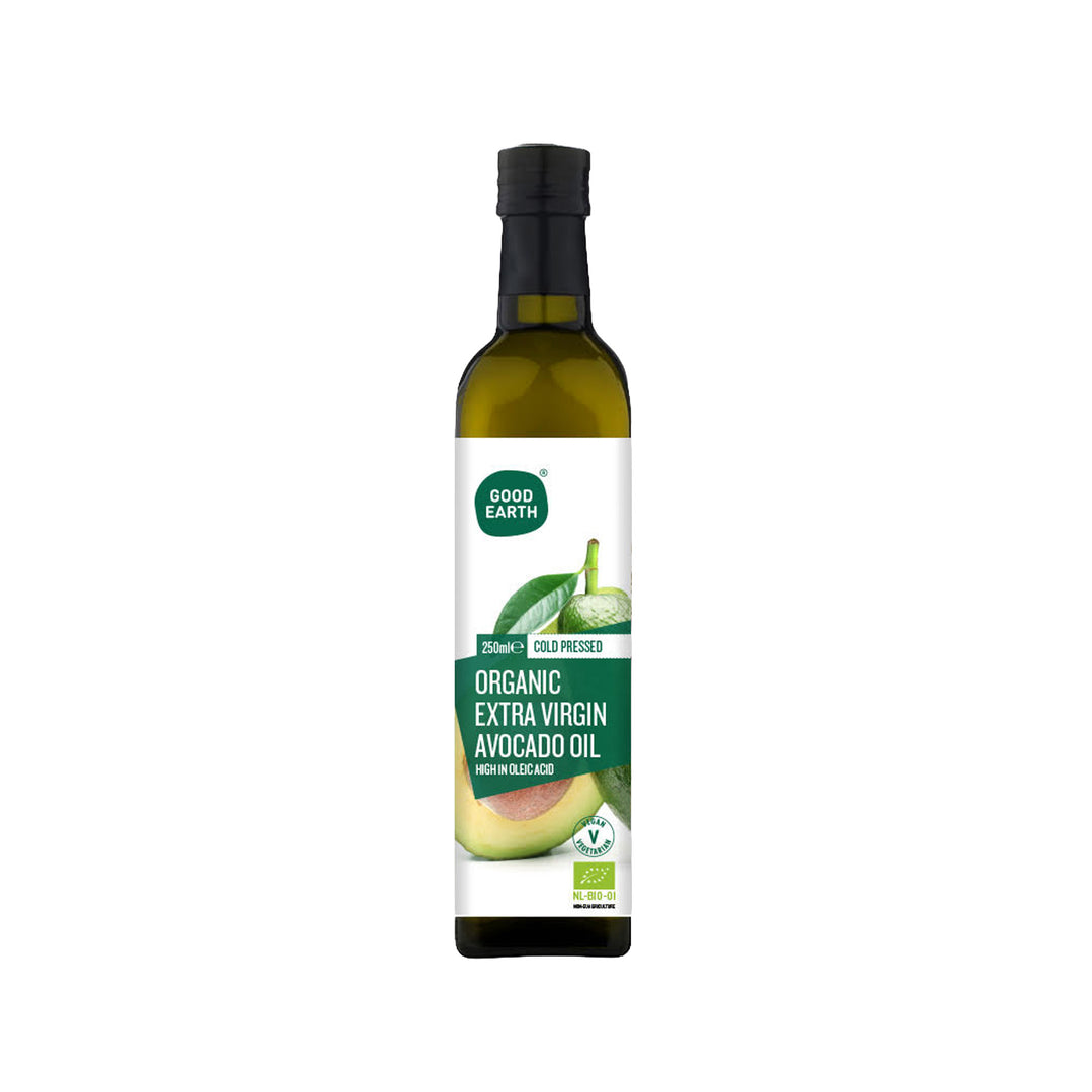 Bottle of Good Earth Organic Extra Virgin Avocado Oil on a white background