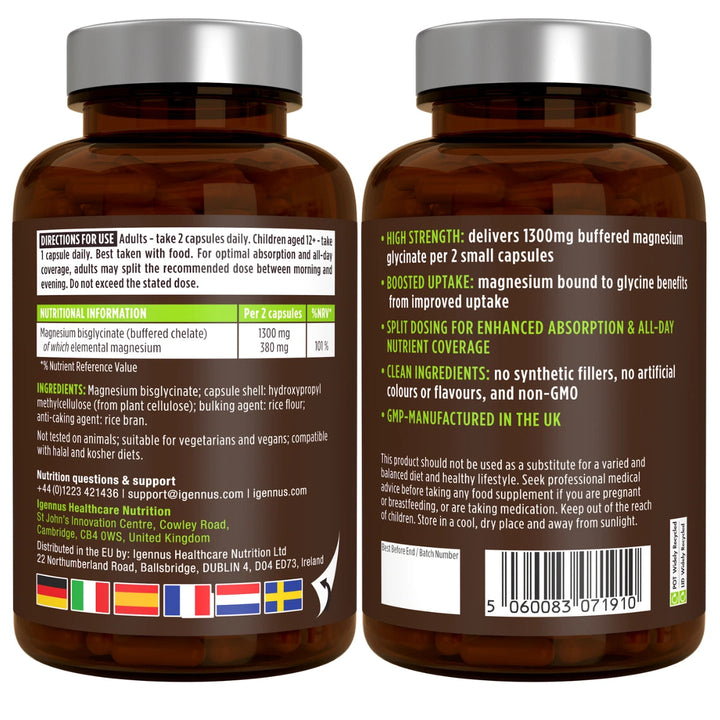 Igennus Magnesium Glycinate 380mg back label – nutritional information, ingredients and directions