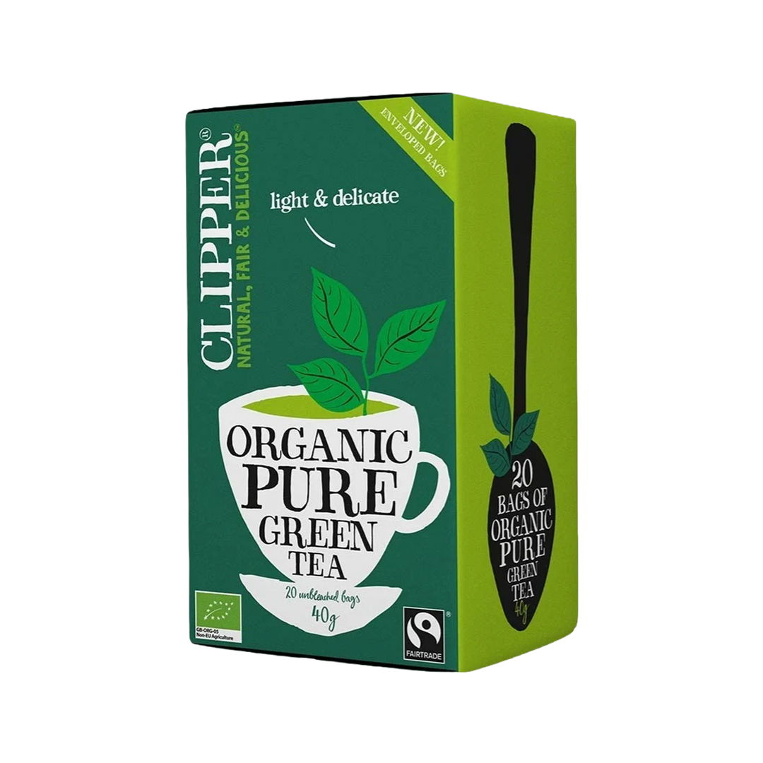 Box of Clipper Organic Pure Green Tea on a white background